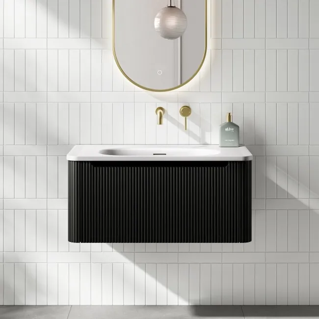 Sorrento Fluted Matt Black Wall Hung Drawer Vanity with Matt White Basin 800mm