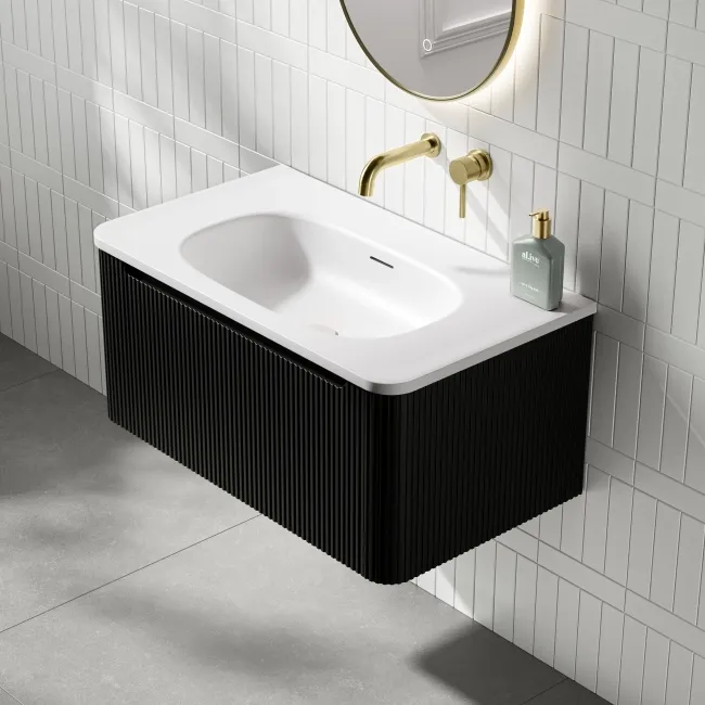 Sorrento Fluted Matt Black Wall Hung Drawer Vanity with Matt White Basin 800mm