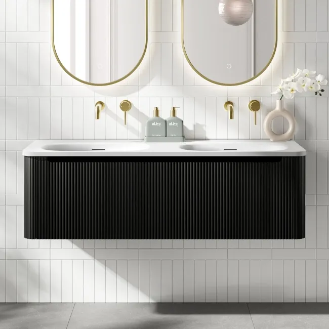 Sorrento Fluted Matt Black Wall Hung Drawer Vanity with Matt White Double Basin 1200mm