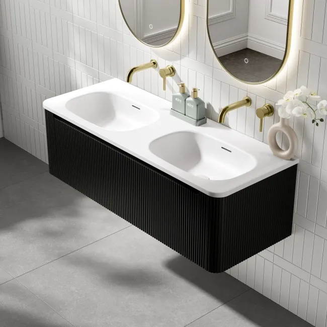 Sorrento Fluted Matt Black Wall Hung Drawer Vanity with Matt White Double Basin 1200mm