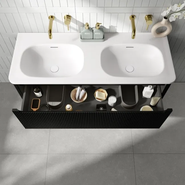 Sorrento Fluted Matt Black Wall Hung Drawer Vanity with Matt White Double Basin 1200mm