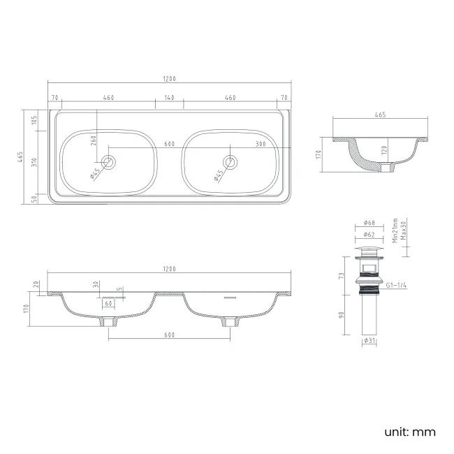 Sorrento Fluted Matt Black Wall Hung Drawer Vanity with Matt White Double Basin 1200mm