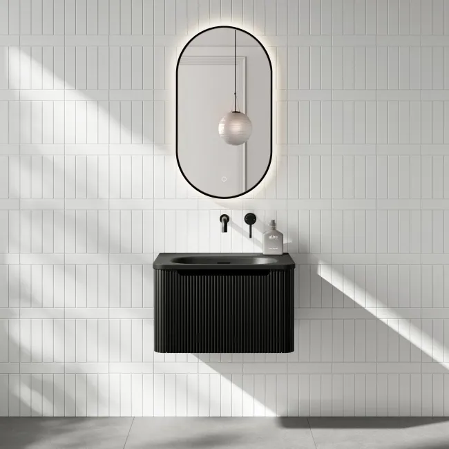 Sorrento Fluted Matt Black Wall Hung Drawer Vanity with Black Basin 600mm
