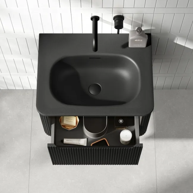 Sorrento Fluted Matt Black Wall Hung Drawer Vanity with Black Basin 600mm