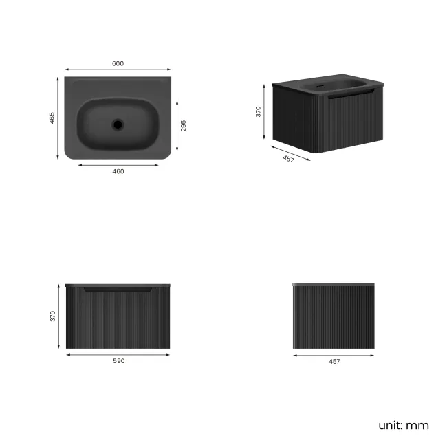 Sorrento Fluted Matt Black Wall Hung Drawer Vanity with Black Basin 600mm