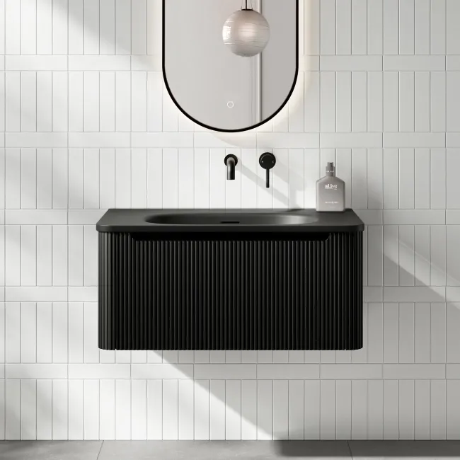 Sorrento Fluted Matt Black Wall Hung Drawer Vanity with Black Basin 800mm