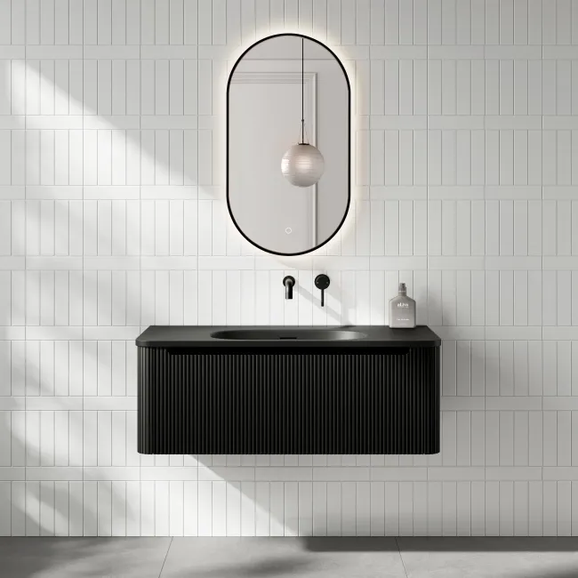 Sorrento Fluted Matt Black Wall Hung Drawer Vanity with Black Basin 1000mm