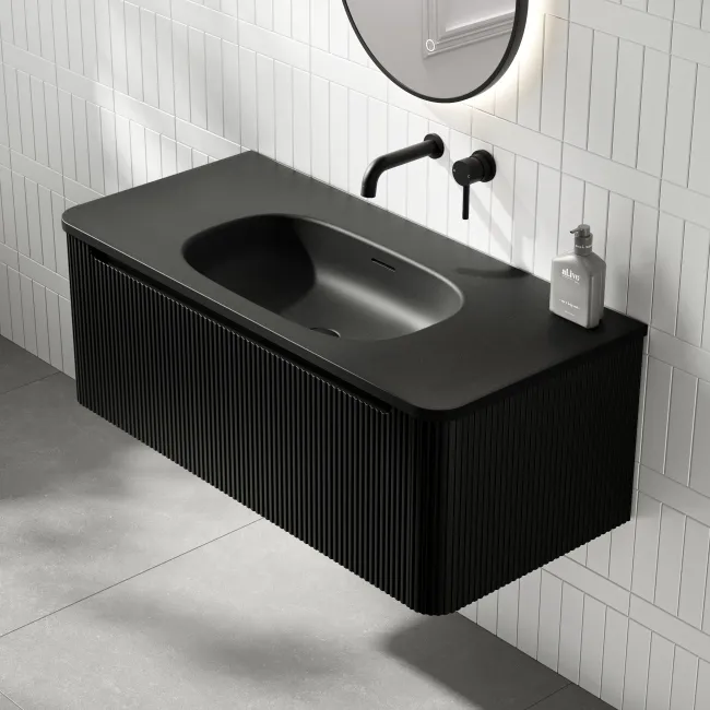 Sorrento Fluted Matt Black Wall Hung Drawer Vanity with Black Basin 1000mm