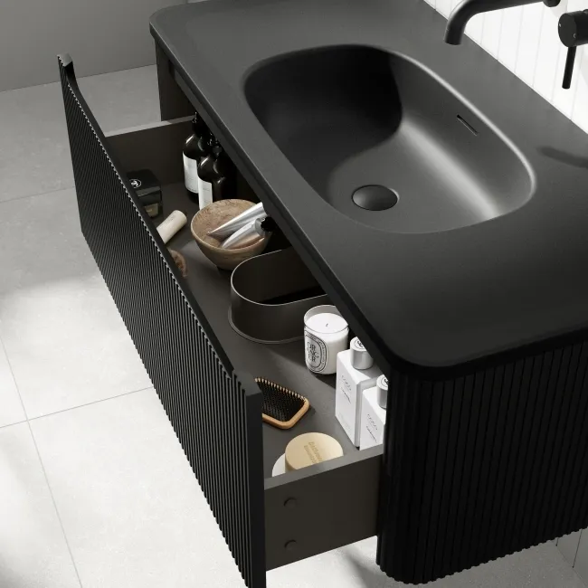 Sorrento Fluted Matt Black Wall Hung Drawer Vanity with Black Basin 1000mm