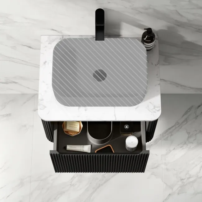 Sorrento Fluted Matt Black Wall Hung Drawer Vanity with Marble Top 600mm - Excludes Counter Top Basin