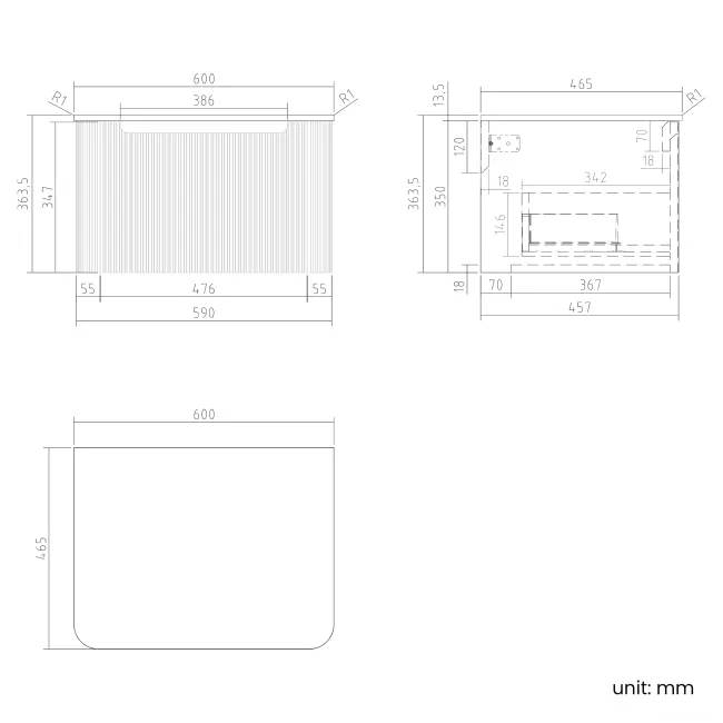Sorrento Fluted Matt Black Wall Hung Drawer Vanity with Marble Top 600mm - Excludes Counter Top Basin