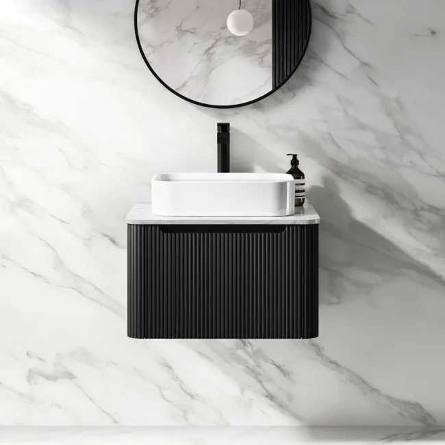 Sorrento Fluted Matt Black Wall Hung Drawer Vanity with Marble Top & Marin Basin 600mm