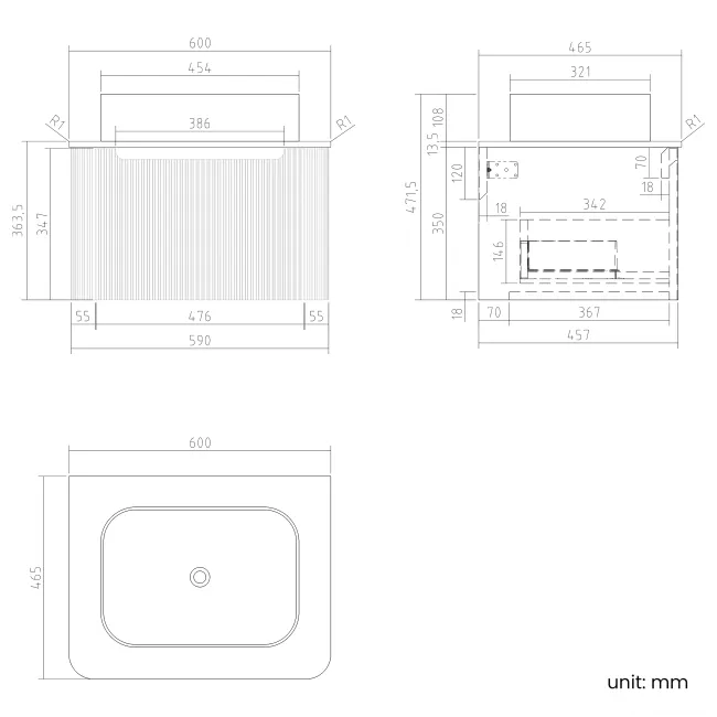 Sorrento Fluted Matt Black Wall Hung Drawer Vanity with Marble Top & Marin Basin 600mm