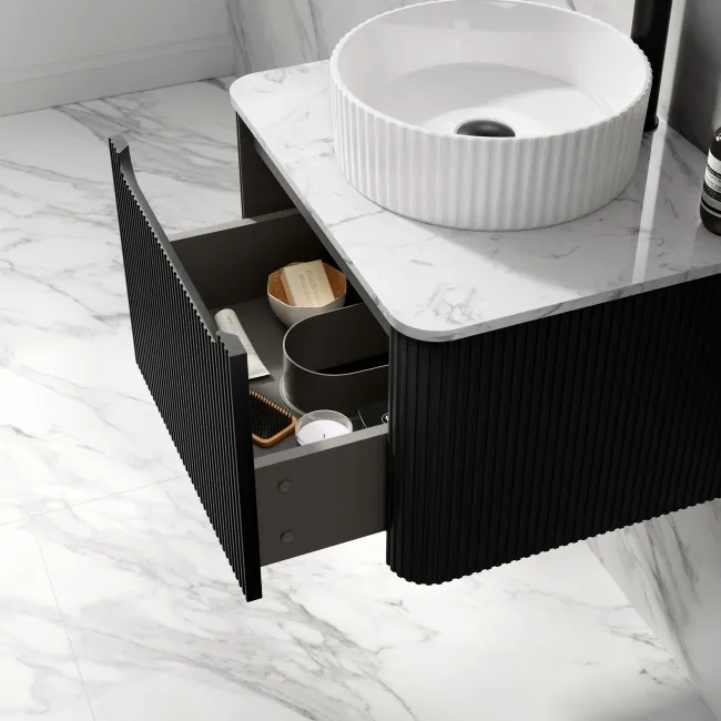 Sorrento Fluted Matt Black Wall Hung Drawer Vanity with Marble Top & Nevis Basin 600mm