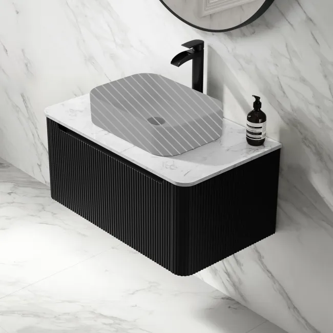 Sorrento Fluted Matt Black Wall Hung Drawer Vanity with Marble Top 800mm - Excludes Counter Top Basin