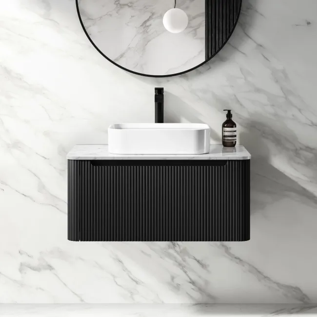 Sorrento Fluted Matt Black Wall Hung Drawer Vanity with Marble Top & Marin Basin 800mm