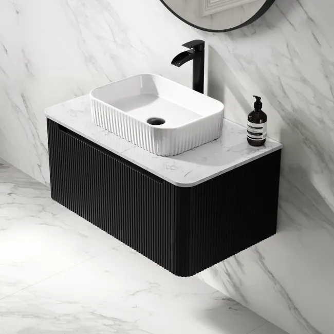 Sorrento Fluted Matt Black Wall Hung Drawer Vanity with Marble Top & Reno Basin 800mm