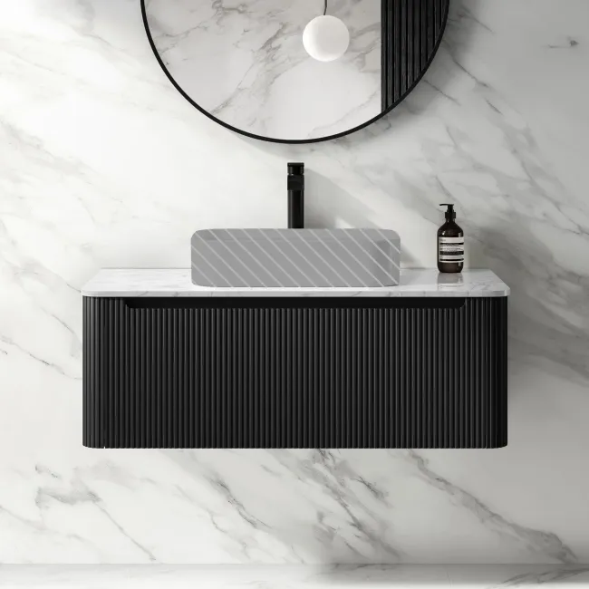 Sorrento Fluted Matt Black Wall Hung Drawer Vanity with Marble Top 1000mm - Excludes Counter Top Basin