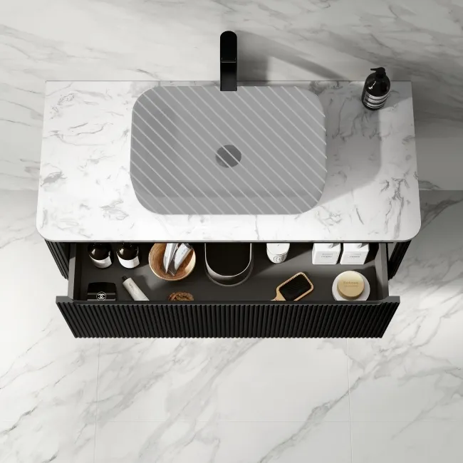 Sorrento Fluted Matt Black Wall Hung Drawer Vanity with Marble Top 1000mm - Excludes Counter Top Basin