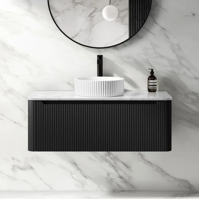 Sorrento Fluted Matt Black Wall Hung Drawer Vanity with Marble Top & Nevis Basin 1000mm