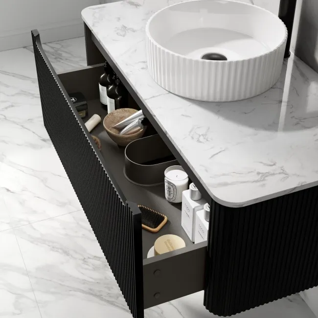 Sorrento Fluted Matt Black Wall Hung Drawer Vanity with Marble Top & Nevis Basin 1000mm
