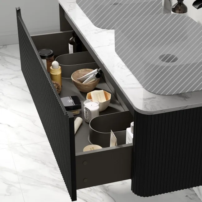 Sorrento Fluted Matt Black Double Wall Hung Drawer Vanity with Marble Top 1200mm - Excludes Counter Top Basin