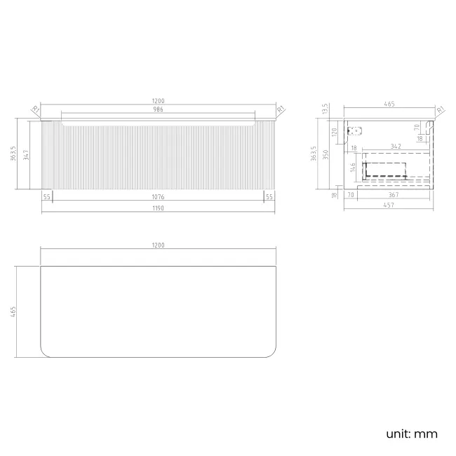 Sorrento Fluted Matt Black Double Wall Hung Drawer Vanity with Marble Top 1200mm - Excludes Counter Top Basin