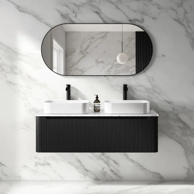 Sorrento Fluted Matt Black Double Wall Hung Drawer Vanity with Marble Top & Marin Basin 1200mm