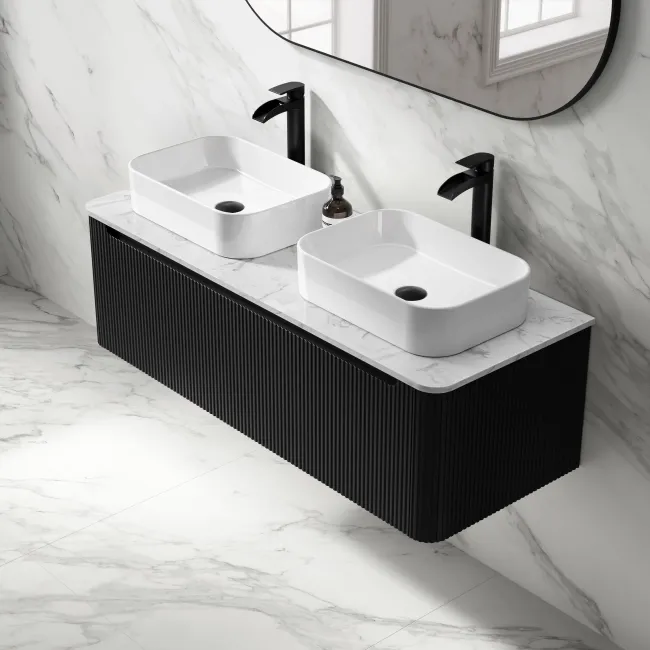 Sorrento Fluted Matt Black Double Wall Hung Drawer Vanity with Marble Top & Marin Basin 1200mm