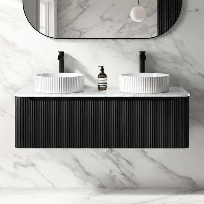 Sorrento Fluted Matt Black Double Wall Hung Drawer Vanity with Marble Top & Nevis Basin 1200mm
