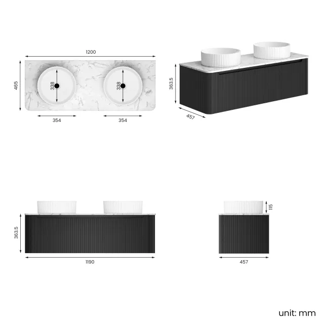 Sorrento Fluted Matt Black Double Wall Hung Drawer Vanity with Marble Top & Nevis Basin 1200mm