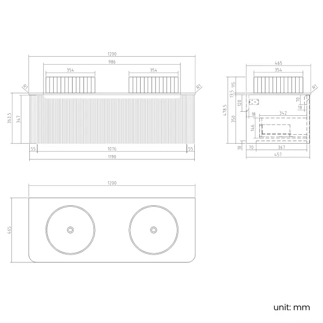 Sorrento Fluted Matt Black Double Wall Hung Drawer Vanity with Marble Top & Nevis Basin 1200mm
