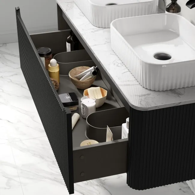 Sorrento Fluted Matt Black Double Wall Hung Drawer Vanity with Marble Top & Reno Basin 1200mm