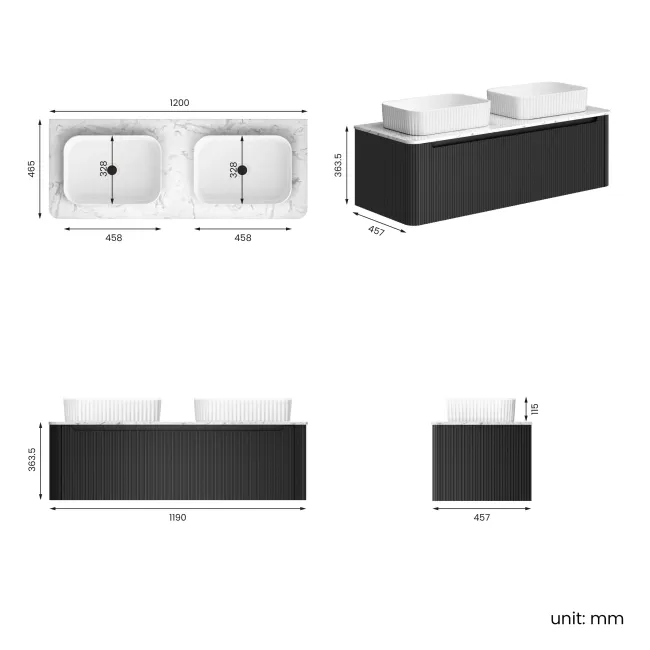 Sorrento Fluted Matt Black Double Wall Hung Drawer Vanity with Marble Top & Reno Basin 1200mm