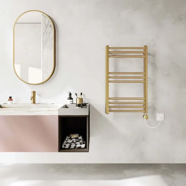 Barcelona Electric Brushed Brass Straight Heated Towel Rail 800x500mm