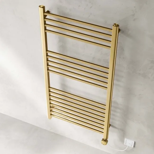 Barcelona Electric Brushed Brass Straight Heated Towel Rail 1200x600mm