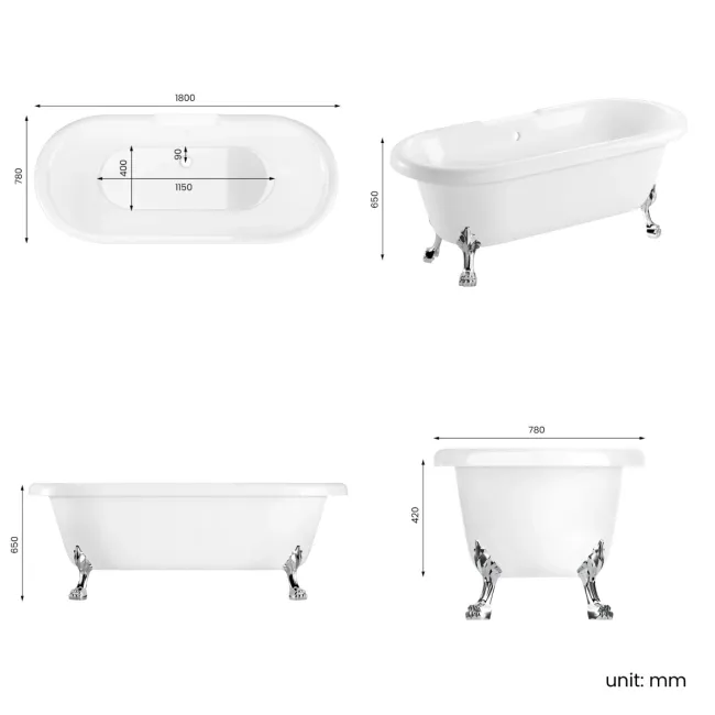 Grosvenor 1800mm Roll Top Bath - Chrome Claw Feet