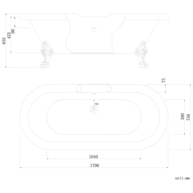 Grosvenor 1700mm Roll Top Bath - White Claw Feet