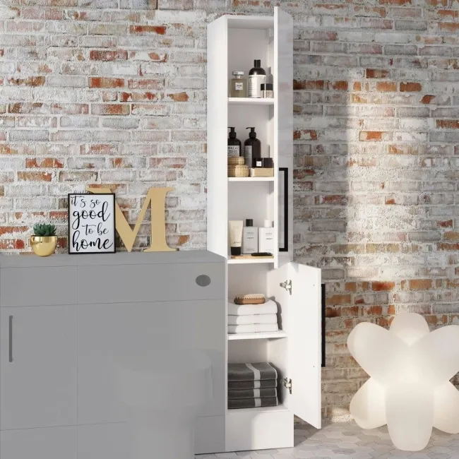 Harper Gloss White Floor Standing Tall Cabinet 1900x300mm - Black Accents