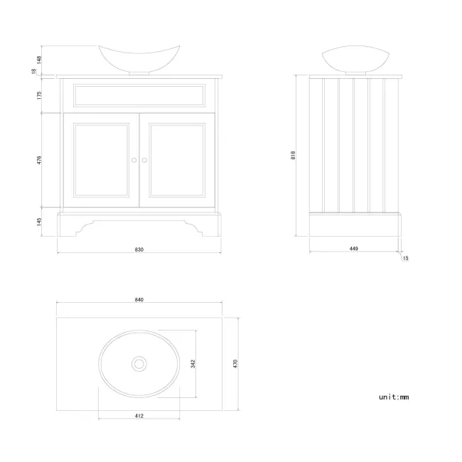 Lucia Chalk White Vanity With Oak Effect Top & Oval Counter Top Basin 840mm