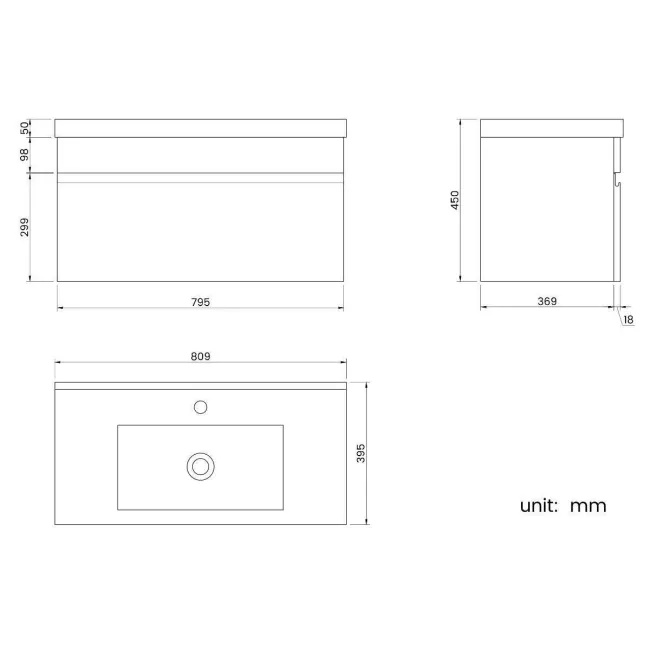 Trent Gloss White Wall Hung Basin Drawer Vanity 800mm