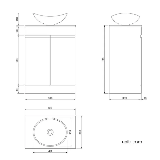 Trent Stone Grey Vanity with Oval Counter Top Basin 600mm