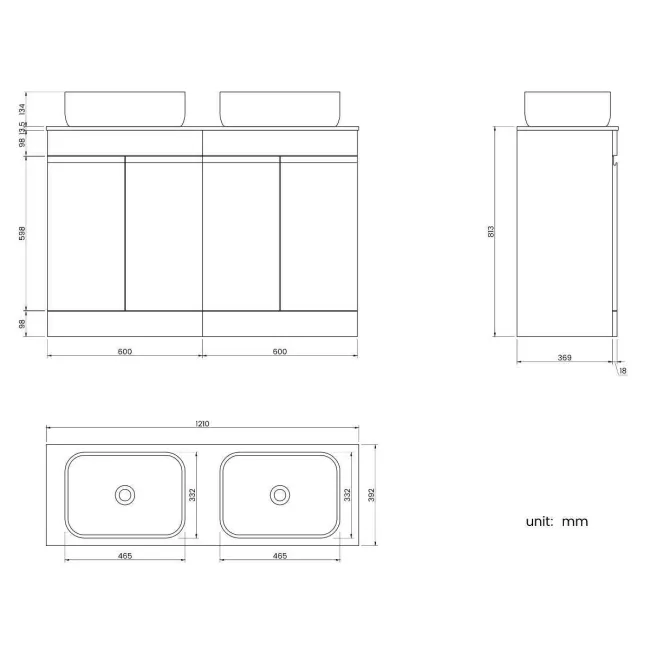 Trent Stone Grey Double Vanity with Marble Top & Curved Counter Top Basin 1200mm