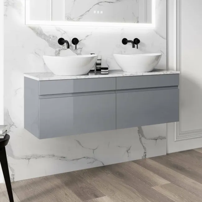 Trent Stone Grey Double Wall Hung Drawer Vanity with Marble Top & Oval Counter Top Basin 1200mm