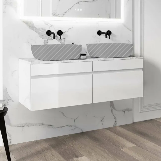 Trent Gloss White Wall Hung Drawer with Marble Top 1200mm - Excludes Counter Top Basins