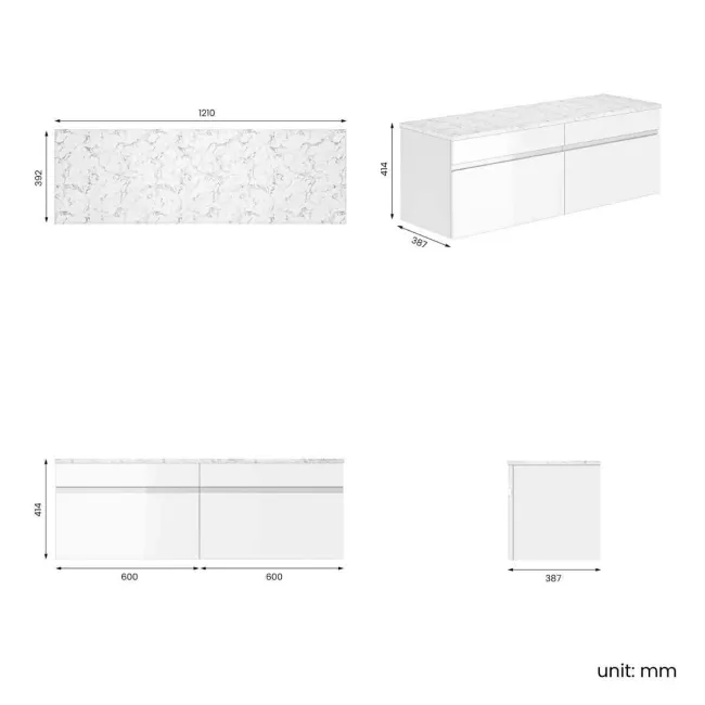 Trent Gloss White Wall Hung Drawer with Marble Top 1200mm - Excludes Counter Top Basins