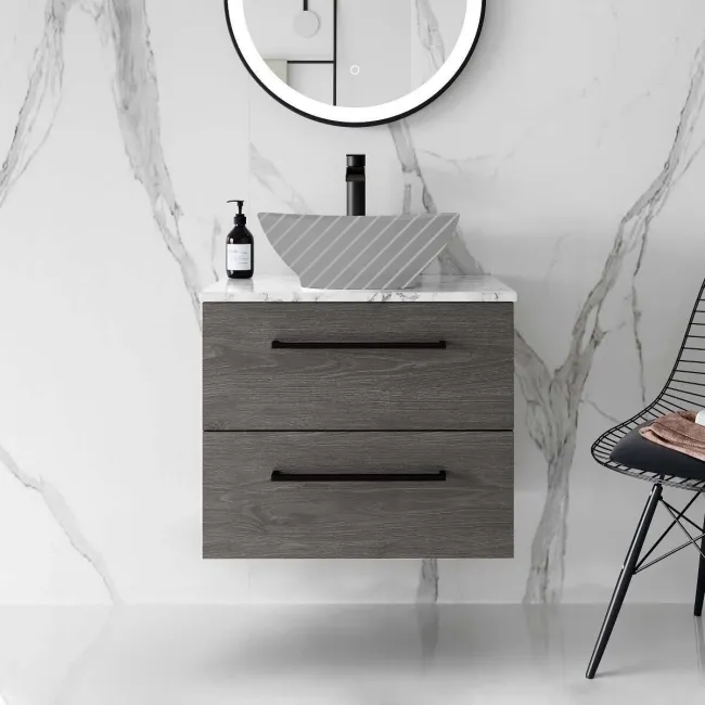 Elba Charcoal Elm Wall Hung Drawer 600mm Excludes Counter Top Basin - Black Accents