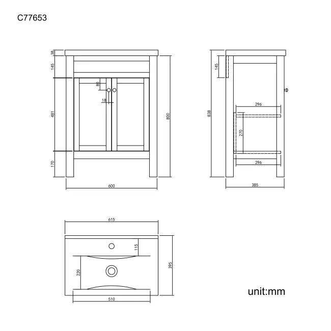 Bermuda Graphite Grey Basin Vanity 600mm