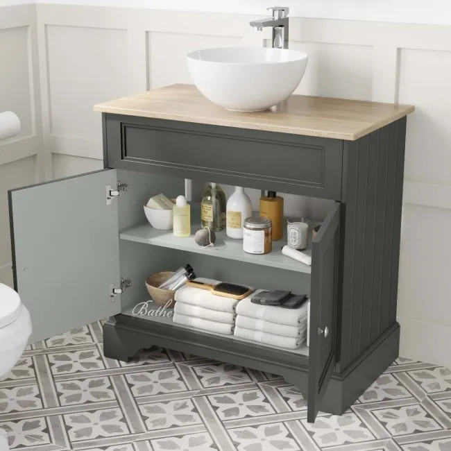Lucia Graphite Grey Vanity with Oak Effect Top & Round Counter Top Basin 840mm