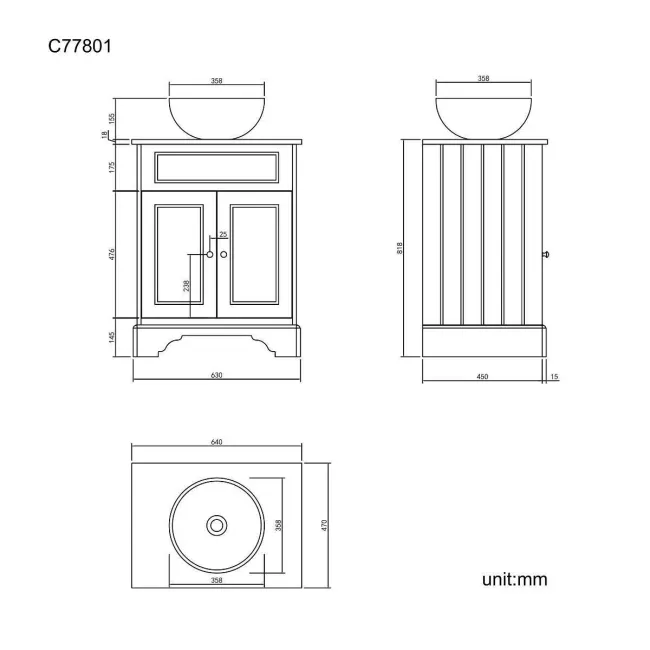 Lucia Inky Blue Vanity with Oak Effect Top & Round Counter Top Basin 640mm